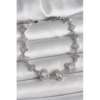 Pirinç Gümüş Renk Zirkon Taşlı Yonca Model Kadın Bileklik