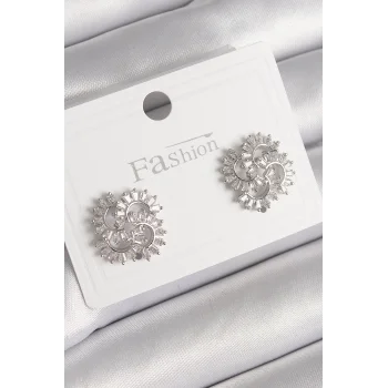 Pirinç Gümüş Renk Zirkon Taşlı Yonca Model Kadın Küpe