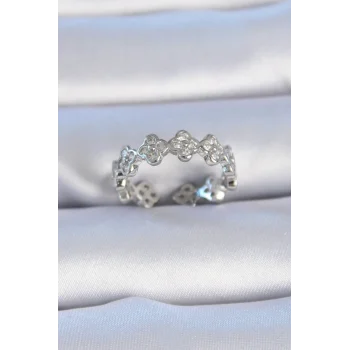 Pirinç Gümüş Renk Zirkon Taşlı Yonca Model Kadın Yüzük