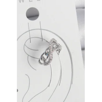 Pirinç Gümüş Renk Zirkon Taşlı Zincir Sonsuzluk Model Kadın Kıkırdak Küpe