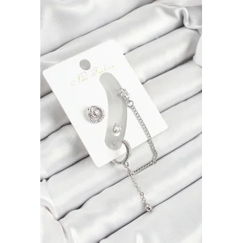 Pirinç Halka Figürlü Zirkon Taşlı Gümüş Renk 3lü Kıkırdak Kadın Küpe Set