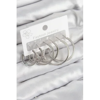 Pirinç Halka Model Gümüş Renk Kadın Set Küpe