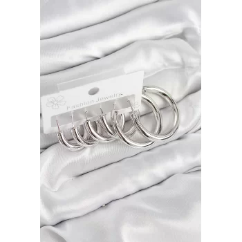 Pirinç Halka Model Gümüş Renk Kadın Set Küpe