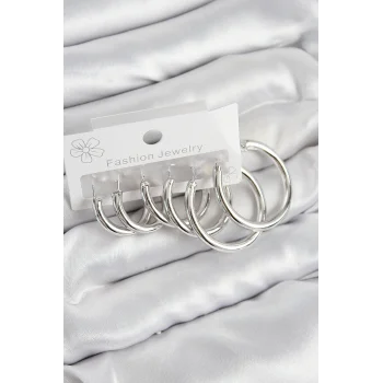 Pirinç Halka Model Gümüş Renk Kadın Set Küpe