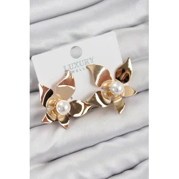 Pirinç İnci Detaylı Çiçek Model Gold Renk Kadın Küpe