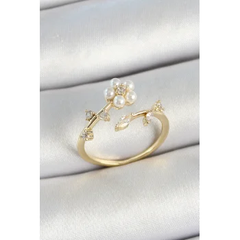 Pirinç İnci Detaylı Papatya Figürlü Zirkon Taşlı Gold Renk Ayarlanabilir Kadın Yüzük