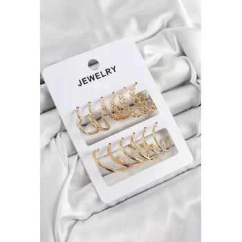 Pirinç Karışık Halka Model Gold Renk 6 Çift Kadın Küpe Set