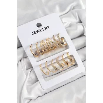 Pirinç Karışık Halka Model Gold Renk 6 Çift Kadın Küpe Set