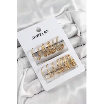 Pirinç Karışık Halka Model Gold Renk 6 Çift Kadın Küpe Set