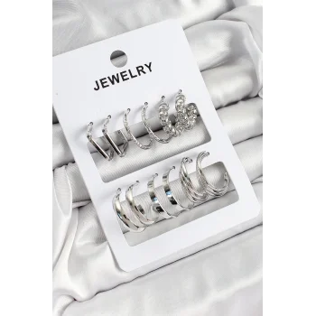 Pirinç Karışık Halka Model Gümüş Renk 6 Çift Kadın Küpe Set