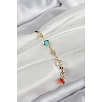 Pirinç Karışık Renk Zirkon Taşlı Gold Renk Kadın Bileklik