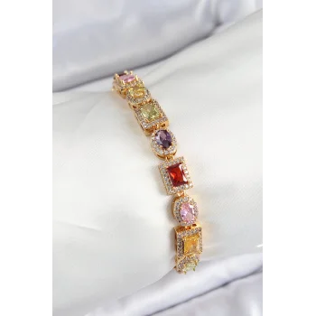 Pirinç Karışık Zirkon Taşlı Baget Model Gold Renk VIP Seri Kadın Bileklik