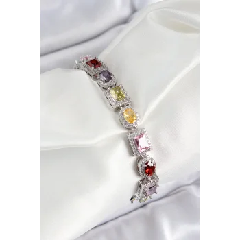 Pirinç Karışık Zirkon Taşlı Baget Model Gümüş Renk VIP Seri Kadın Bileklik
