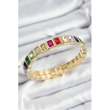 Pirinç Karışık Zirkon Taşlı Dikdörtgen Model Gold Renk Lastikli Kadın Bileklik