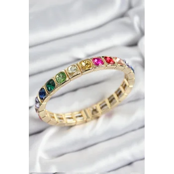 Pirinç Karışık Zirkon Taşlı Kare Model Gold Renk Lastikli Kadın Bileklik