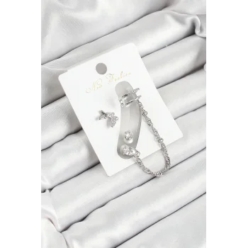 Pirinç Kelebek Figürlü Zirkon Taşlı Gümüş Renk 3lü Kıkırdak Kadın Küpe Set