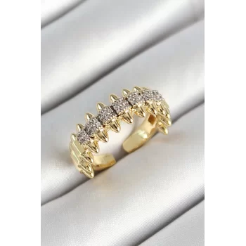 Pirinç Kurşun Figürlü Zirkon Taşlı Gold Renk Ayarlanabilir Kadın Yüzük