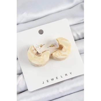 Pirinç Mermer Desenli Vintage Yarım Halka Model Gold Renk Kadın Küpe