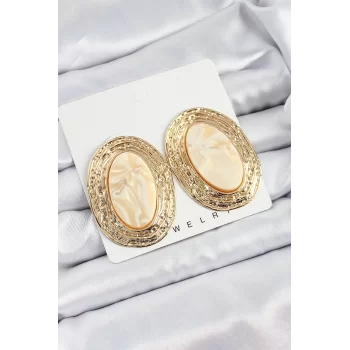Pirinç Mermer Desenlli Bej Sedef Oval Vintage Model Gold Renk Kadın Küpe