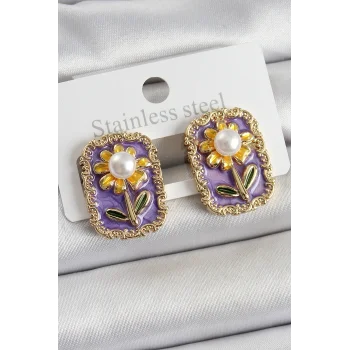 Pirinç Mor Mineli Papatya Figürlü Sanatsal Portre Model Gold Renk Kadın Küpe