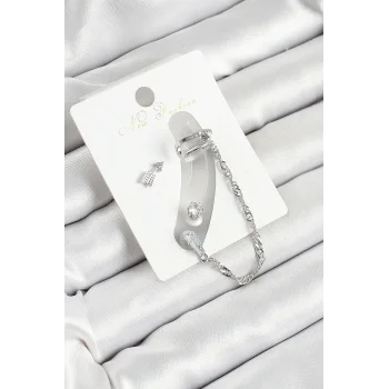 Pirinç Ok Figürlü Zirkon Taşlı Gümüş Renk 3lü Kıkırdak Kadın Küpe Set