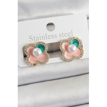 Pirinç Pembe Mineli İnci Detaylı Zirkon Taşlı Sanatsal Portre Yonca Model Gold Renk Kadın Küpe