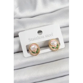 Pirinç Pembe Mineli Lale Figürlü Sanatsal Portre Model Gold Renk Kadın Küpe