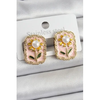 Pirinç Pembe Mineli Papatya Figürlü Sanatsal Portre Model Gold Renk Kadın Küpe