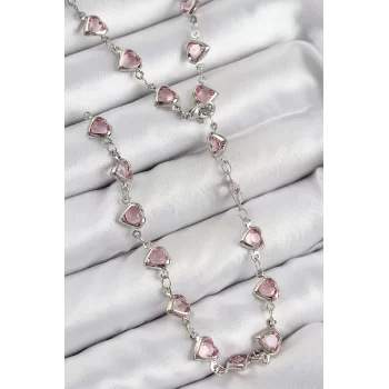 Pirinç Pembe Zirkon Taşlı Kalp Model Gümüş Renk Kadın Y Kolye