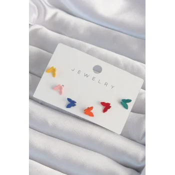 Pirinç Rengarenk Mineli Minimal Kelebek Küpe Seti