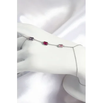 Pirinç Renkli Zirkon Taşlı Dikdörtgen Model Gümüş Renk Kadın Şahmeran