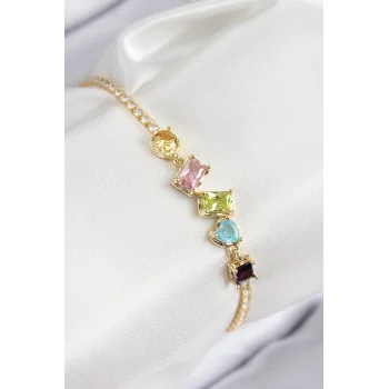 Pirinç Renkli Zirkon Taşlı Geometrik Model Gold Renk Kadın Bileklik