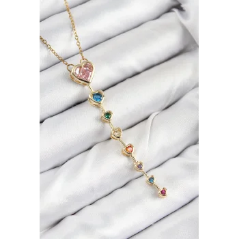 Pirinç Renkli Zirkon Taşlı Kalp Model Gold Renk Kadın Y Kolye