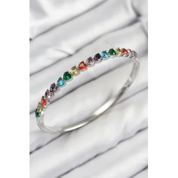 Pirinç Renkli Zirkon Taşlı Kalp Model Gümüş Renk Kadın Kelepçe