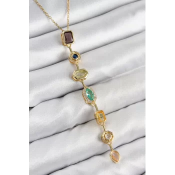 Pirinç Renkli Zirkon Taşlı Model Gold Renk Kadın Y Kolye