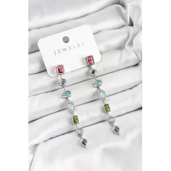 Pirinç Renkli Zirkon Taşlı Sallantılı Model Gümüş Renk Kadın Küpe