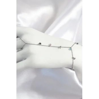 Pirinç Renkli Zirkon Taşlı Sallantılı Yıldızlı Model Gümüş Renk Kadın Şahmeran