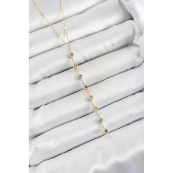 Pirinç Renkli Zirkon Taşlı Y Model Gold Renk Kadın Kolye
