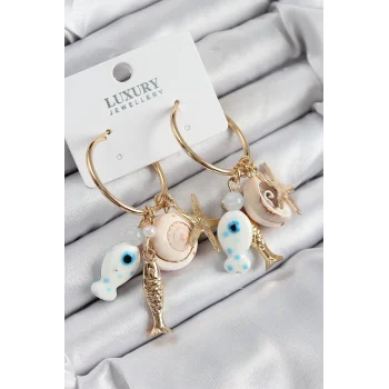Pirinç Sallantılı Seramik Balık Ve Deniz Kabuğu Model Gold Renk Kadın Küpe