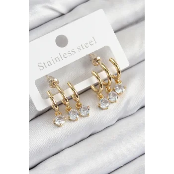 Pirinç Sallantılı Zirkon Taşlı Model Gold Renk Kadın Küpe