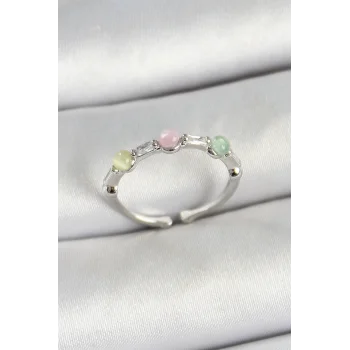 Pirinç Sıralı Boncuk Figürlü Zirkon Taşlı Gümüş Renk Ayarlanabilir Kadın Yüzük