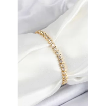Pirinç Sıralı Çit Model Zirkon Taşlı Gold Renk VİP Seri Kadın Bileklik