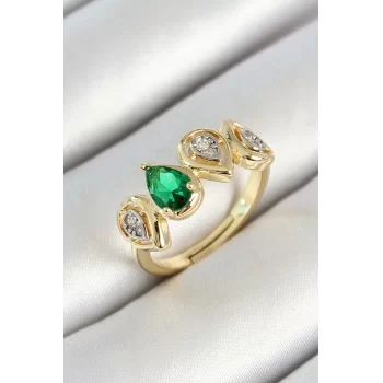 Pirinç Sıralı Damla Figürlü Zirkon Taşlı Gold Renk Ayarlanabilir Kadın Yüzük