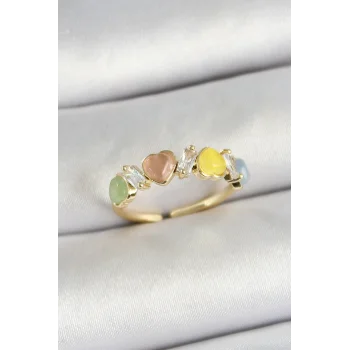 Pirinç Sıralı Kalp Figürlü Zirkon Taşlı Gold Renk Ayarlanabilir Kadın Yüzük