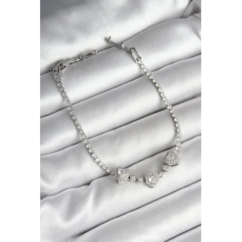 Pirinç Sıralı Kalp Figürlü Zirkon Taşlı Gümüş Renk Kadın Bileklik