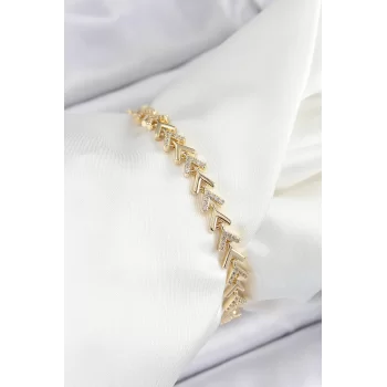 Pirinç Sıralı Ok Model Zirkon Taşlı Gold Renk VİP Seri Kadın Bileklik