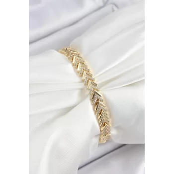 Pirinç Sıralı Ok Model Zirkon Taşlı Gold Renk VİP Seri Kadın Bileklik