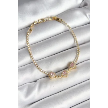 Pirinç Sıralı Pembe Kalp Figürlü Zirkon Taşlı Gold Renk Kadın Bileklik