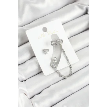 Pirinç Üçgen Figürlü Zirkon Taşlı Gümüş Renk 3lü Kıkırdak Kadın Küpe Set