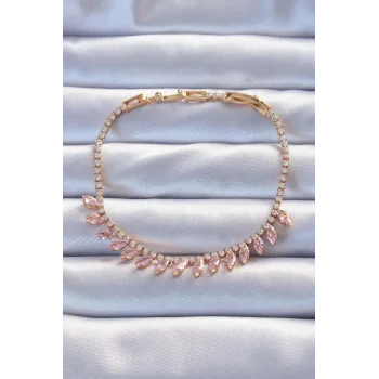 Pirinç Vip Seri Altın Renk Pembe Zirkon Taşlı Bileklik